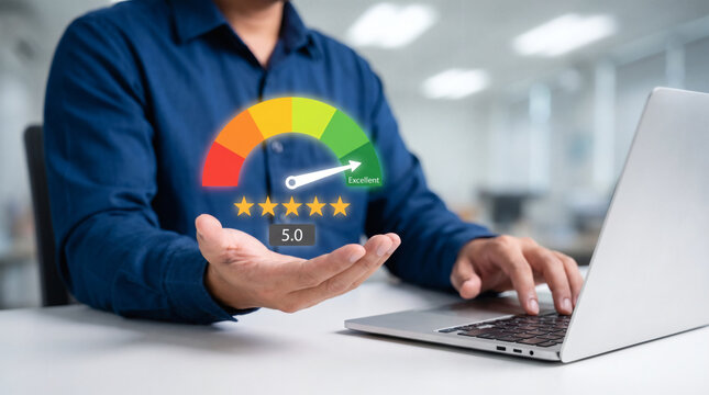 Businessman presenting digital customer satisfaction rating gauge with five stars and high score on laptop desk