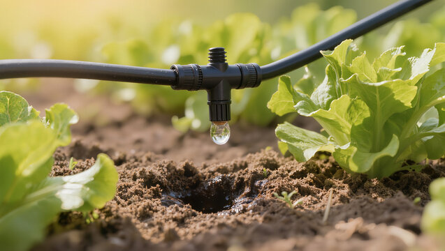 Black drip irrigation emitter releasing a single water drop onto dark soil between young lettuce plants in sunlit garden, conceptual water saving agriculture and sustainable farming concept