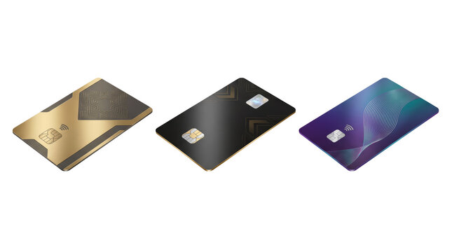Three isometric credit cards with gold, black, and purple gradient featuring emv chips and contactless payment symbols on white