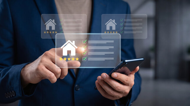 Future of real estate Professional interacting with holographic property search interface on a smartphone, selecting a dream home with advanced digital technology