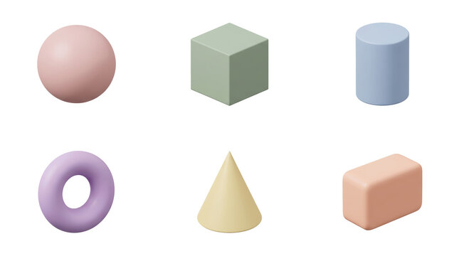 Set of six pastel-colored 3D geometric shapes including a sphere, cube, cylinder, torus, cone, and rectangular prism on a grey background