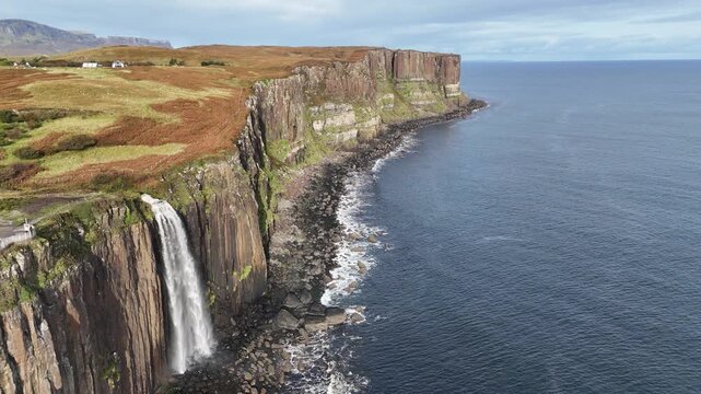 Aerial Kilt Rock Sea Cliffs Coastline Waterfall Trotternish Isle Of Skye