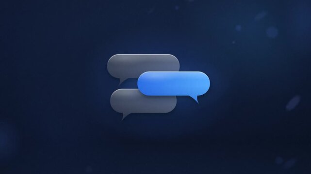 Animated speech bubbles representing a digital messaging conversation thread on a dark blue background.