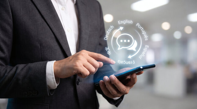 Businessman using a modern smartphone with holographic translation application for global communication