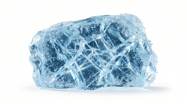 Solid blue ice block featuring deep cracks and delicate frost crystals isolated on white