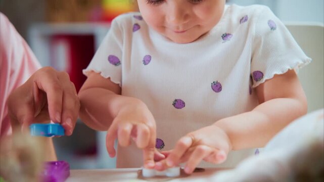 Little girl focuses on colorful playset pieces. Parent guides her gently with a blue tool. Soft light shows warm, playful family moment. Ideal for parenting, child development, or creative play scenes