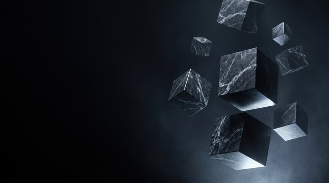 Abstract composition of floating dark marble cubes in a dark misty space with dramatic lighting