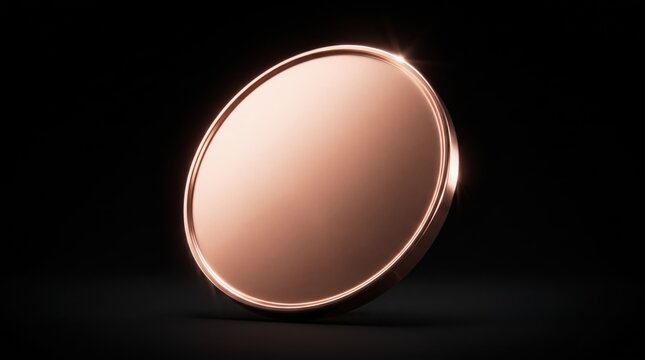 A single blank rose gold coin standing upright on a dark surface with dramatic lighting and soft reflections