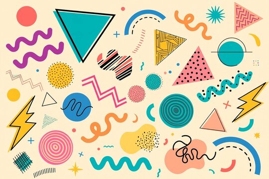 Playful Memphis style geometric shapes pattern on cream background