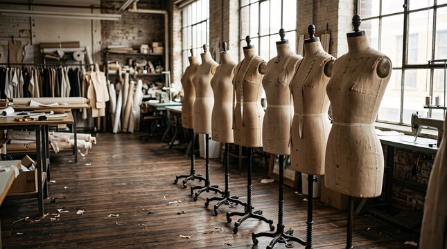 Row of vintage linen dressmaking mannequins stands in a bright sunlit fashion studio with large windows and blurred clothing racks