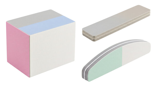 Nail care tools including a multi-sided foam buffer block, a rectangular emery board, and a curved abrasive nail file on a white background
