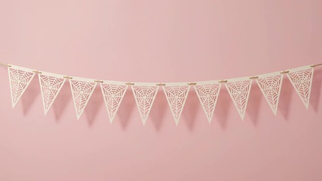 White paper spiderweb garland hanging on pink wall for celebration