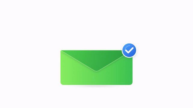 Animated sequence of a green envelope opening for a chat message and sealing with a blue checkmark.