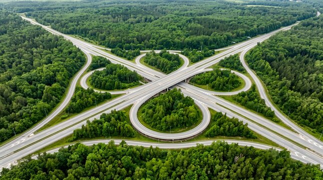 Aerial view of a complex highway interchange cloverleaf road junction in a dense green forest