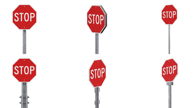 Multiple red octagonal stop signs mounted on metal posts for traffic control and road safety regulations isolated on a transparent background