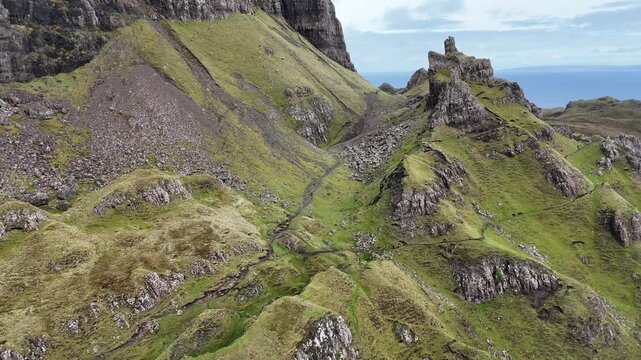 Aerial Quiraing Needle Prison Rock Pinnacles Blue Sky Isle Of Skye Scotland