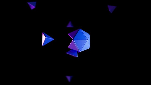 3D Blue Crystal Assembling from Floating Pyramids on Black Background, seamless looping