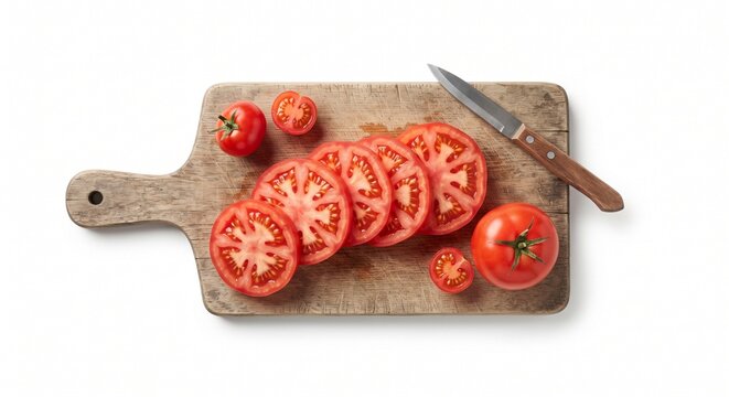 Fresh sliced ripe red tomatoes with a knife on a rustic wooden cutting board