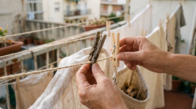 Adult Replacing a Splintered Clothespin on a Washing Line