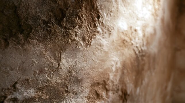 Close up of weathered plaster wall with textured surface  showing natural cracks and layered pigments under warm golden light