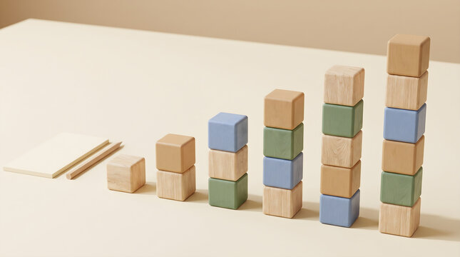 Minimalist wooden block chart representing 123 steps, business growth concept, progress, and success strategy