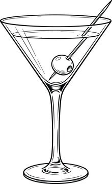 Classic alcoholic martini cocktail in elegant stemmed glass garnished with an olive on toothpick vector sketch outline illustration