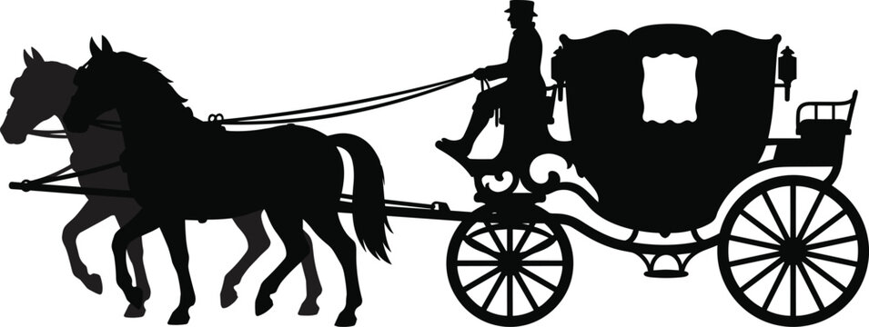 Vintage horse drawn carriage with a coachman driving two stallions vector graphic icon on white background