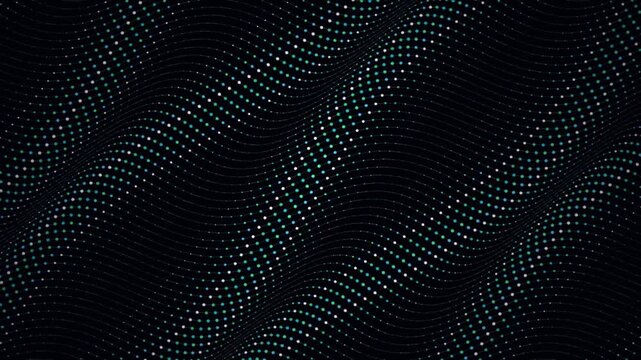 Vector Flow Textile lissajous harmonic dot weave motion video rendered with EMERALD CYAN BLOOM glowing parametric dot fabric matrix.  Ideal for scientific presentation backdrop, digital textile design