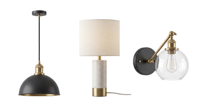 Set of three interior lighting fixtures featuring a black dome pendant, a marble table lamp with fabric shade, and a brass wall sconce