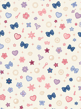 Pastel pattern kawaii background cute seamless design girly decorative icon heart star bow pearl flower charm pink purple blue cartoon repeat print childish wallpaper style