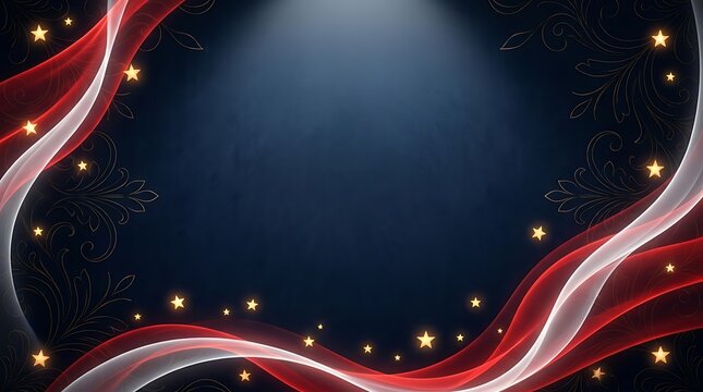 Dramatic dark blue background with vibrant red and white light streaks and bokeh