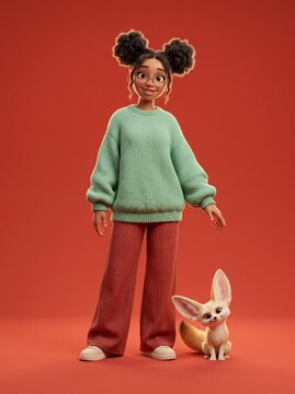3D Animated Girl with Fennec Fox on Red Background.