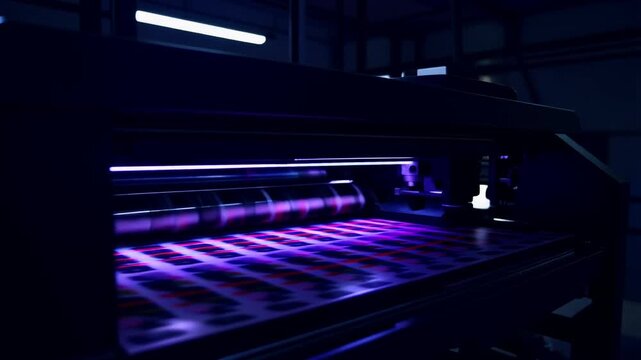 暗がりの中で鮮やかに輝くプリント面と黒い機械フレームが織りなすドラマチックで未来的な印刷技術の映像美