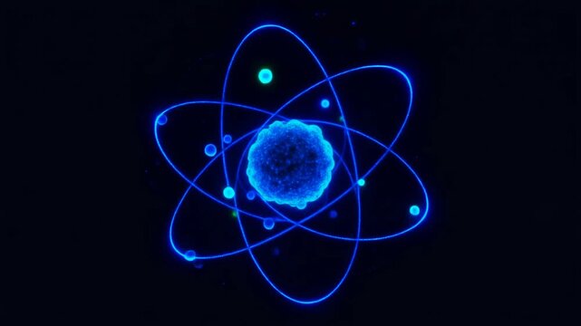 漆黒の宇宙空間に青く光る電子軌道と高密度の原子核がダイナミックに浮遊する神秘的でエネルギッシュなミクロの世界のグラフィック
