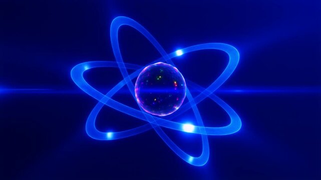 白く強く輝く電子粒子と多色の光を放つ中央核の鮮明な軌跡が物質の最小単位の力強さを際立たせるミクロ構造の精緻な詳細表現