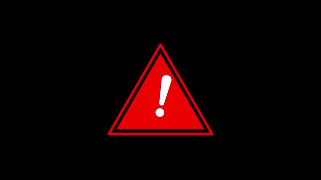 Warning symbol loop animation footage on solid black background, alerting hazard, danger alert, caution sign, flashing cyber risk signal. animation