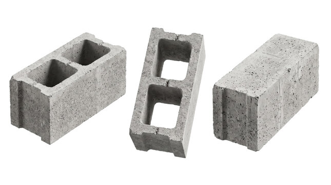 Three gray concrete cinder blocks arranged in different orientations on a plain white background, showing textured surfaces and hollow cores