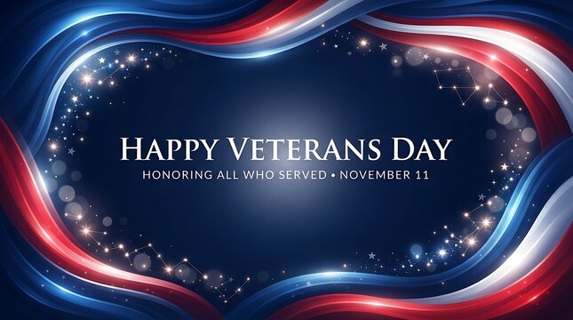Festive happy veterans day background with patriotic red white and blue swirling lights