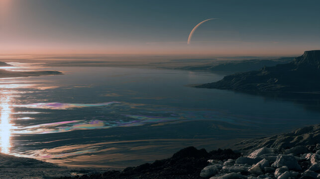 alien planet landscape with oil slick iridescent sea and giant crescent moon in sky, futuristic sci fi extraterrestrial ocean coastline landscape surreal digital art painting stock photo background