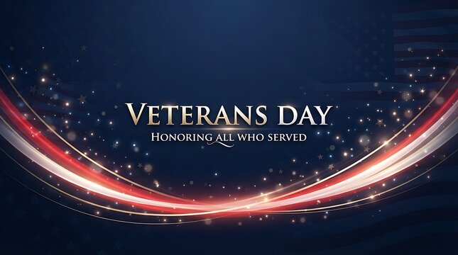 Festive veterans day background with glowing light streaks and a dark blue gradient