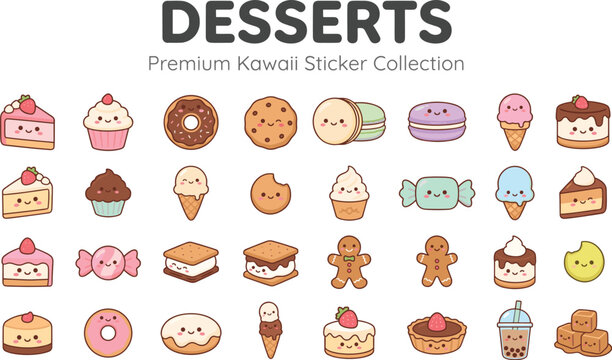 Dessert kawaii sticker collection featuring cute cakes, cupcakes, donuts, cookies, macaron, ice cream, and sweet treats in a colorful vector illustration style for cute food designs