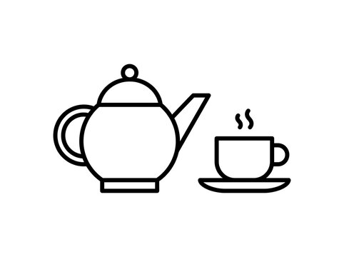 Hot teapot and steaming teacup line art icon isolated on transparent background