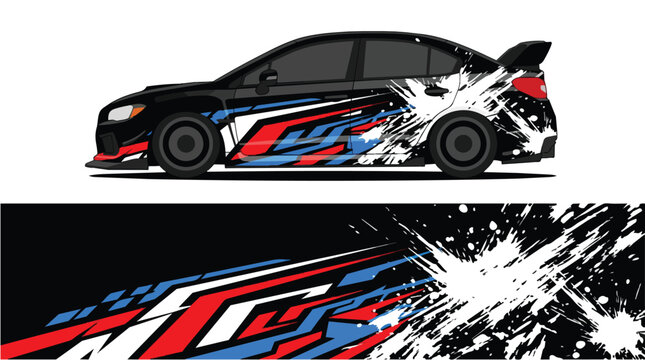 Car Wrap Design with Dynamic Racing Livery in Black Red and Blue