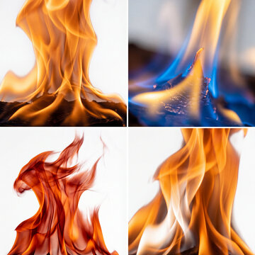 2x2 Grid Collage of Abstract Vibrant Colored Flames on White Background