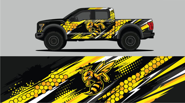 Car Wrap Design with Aggressive Bee Lion Graphic in Black Yellow and Orange