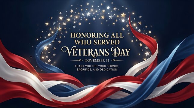 Honoring all who served veterans day patriotic background with flowing american flag