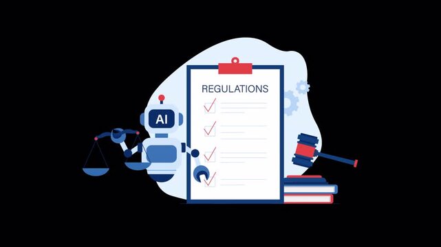 Animated AI with Scales of Justice. Artificial Intelligence Law and Regulations Concept - Transparent
