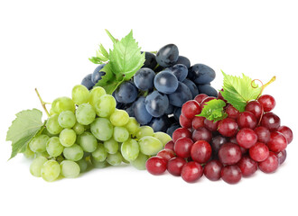Fototapeta premium Red, green and black grape clusters isolated on white