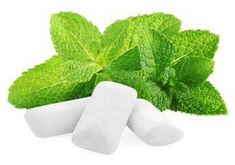 Menthol chewing gum pieces and green mint leaves against transparent background © New Africa