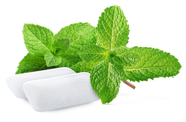 Menthol chewing gum pieces and green mint leaves against transparent background © New Africa